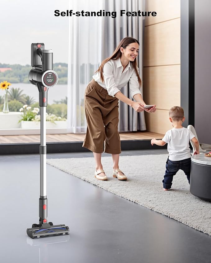 Cordless Vacuum Cleaner for Home, 6-in-1 Stick Vacuum Cordless Rechargeable with LED Display & Green Floor Lights, Lightweight Vacuum Cleaners for Home Pet Hair Hardwood Carpet - Silver