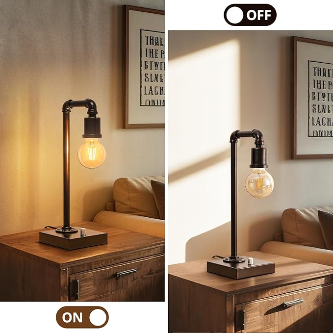 Industrial Table Lamp for Bedroom, Fully Dimmable Bedside Lamp with USB C+A Ports, Vintage Lamp with Water Pipe Design, Steampunk Table Lamps for Living Room, Dorm, Office, 6W LED Bulb Included