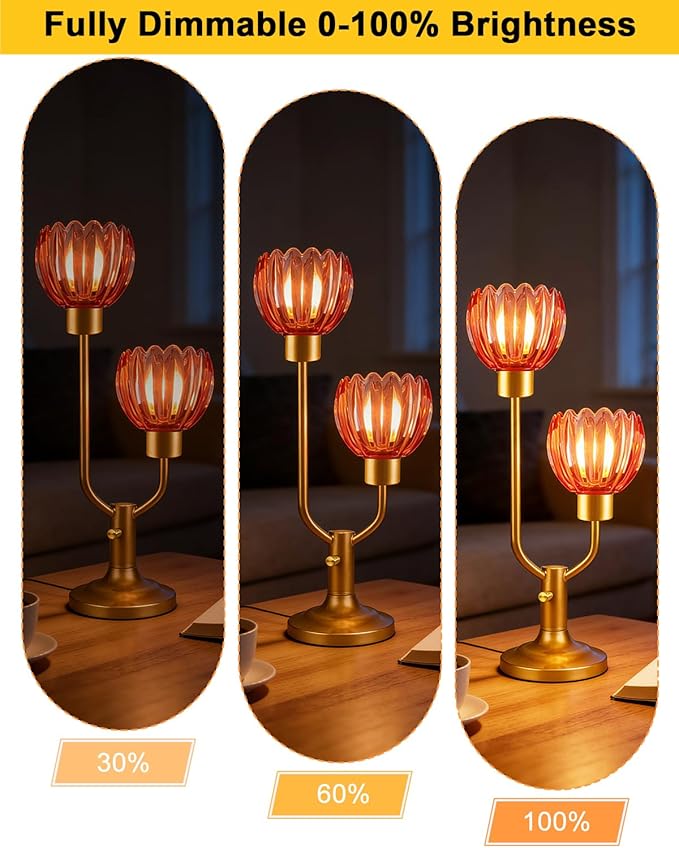 Lightdot Flower Table Lamp Dimmable Nightstand Lamp Mid Century Modern Red Glass Vintage Gold Desk Lamp 2 Bulbs Included Warmwhite Ambient Bedside Lamps for Living Room Bedroom Home Office Decor Gift