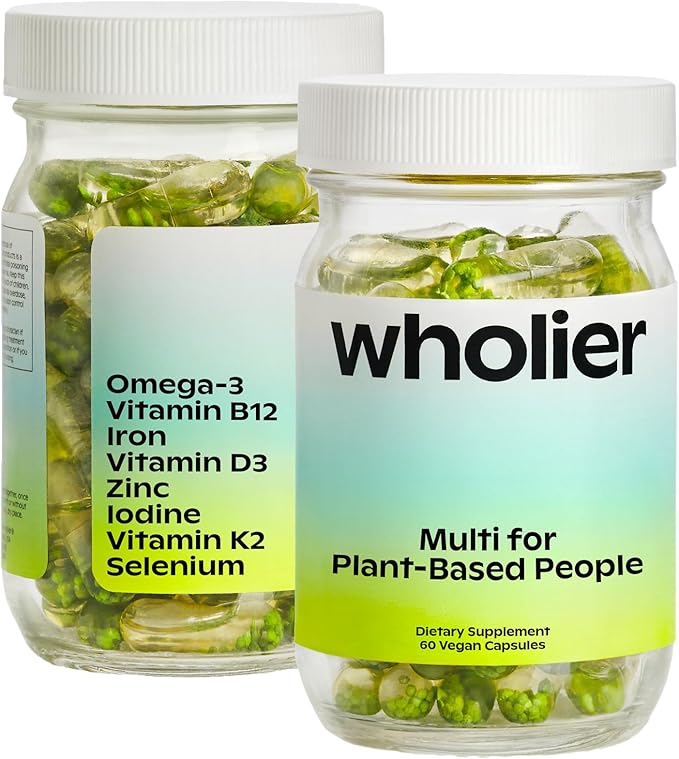 wholier 植物性マルチビタミン ヴィーガンオメガ-3 DHA EPA、ビタミンD、B12、亜鉛、ビタミンK2、鉄、ヨウ素、セレン。60粒（30日分）ガラスボトル