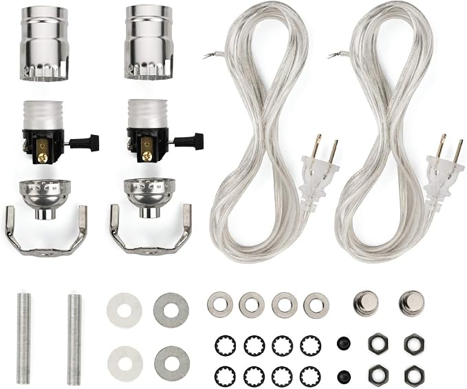 DIY Lamp Wiring Kit, Silver Socket & 8FT Silver Cord (2 Pack), for Making & Fixing Table or Floor Lamps, Repair & Rewire Antique or Vintage Lighting Fixtures, Complete Hardware Set