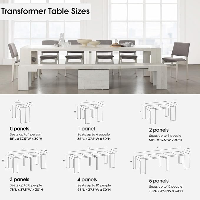 Transformer Table - Solid Wood Extendable Dining Table, Seats 2-12, Expandable Dining Room Table, Space-Saving Furniture, Kitchen and Dining Room Furniture (White, Table + 2 Benches)