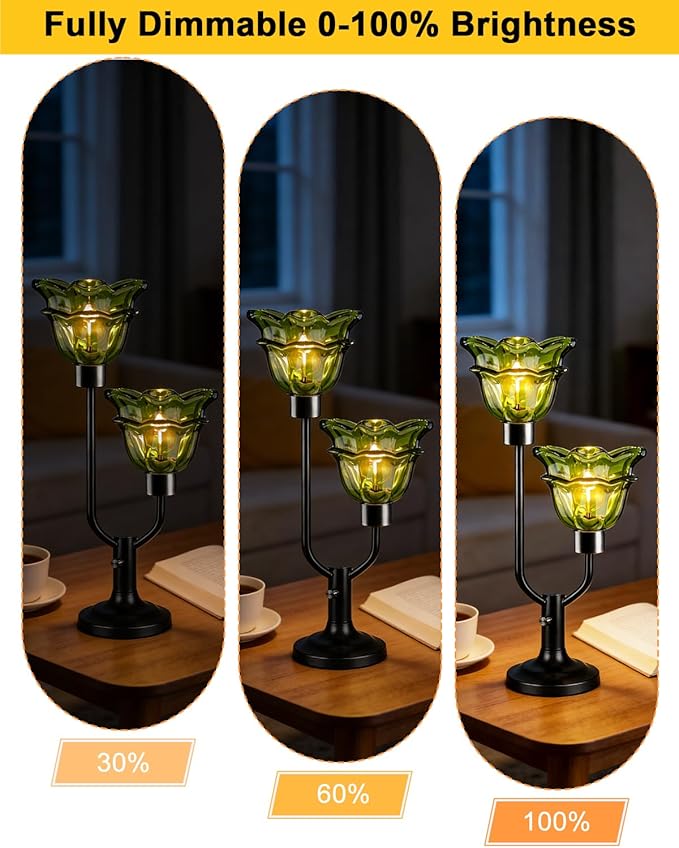 Lightdot Green Glass Flower Table Lamp Dimmable Nightstand Lamp Mid Century Modern Vintage Black Desk Lamp 2 Bulbs Included Warmwhite Ambient Bedside Lamp for Living Room Bedroom Home Office Decor