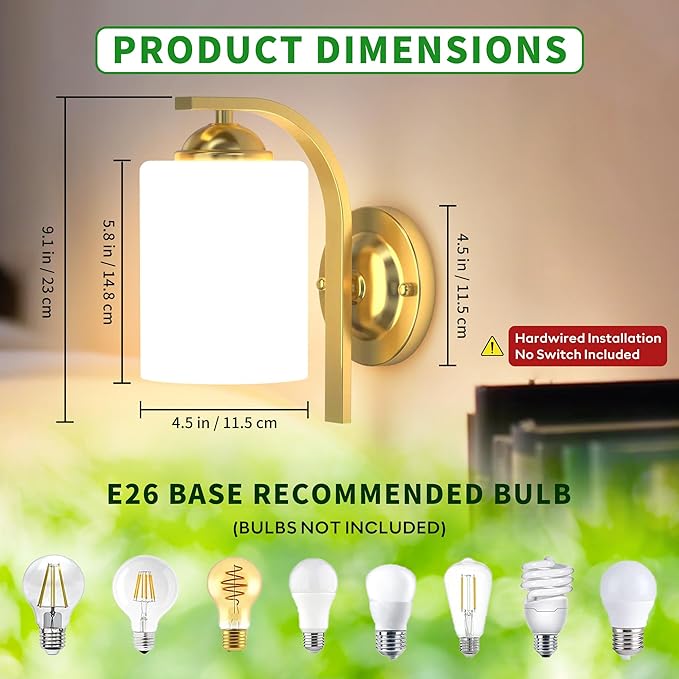 2-Pack Wall Sconces for Bedroom and Bathroom, Gold Farmhouse Wall Light Fixtures with Glass Shade, Modern Vanity Wall Lamps for Living Room, Hallway, Kitchen