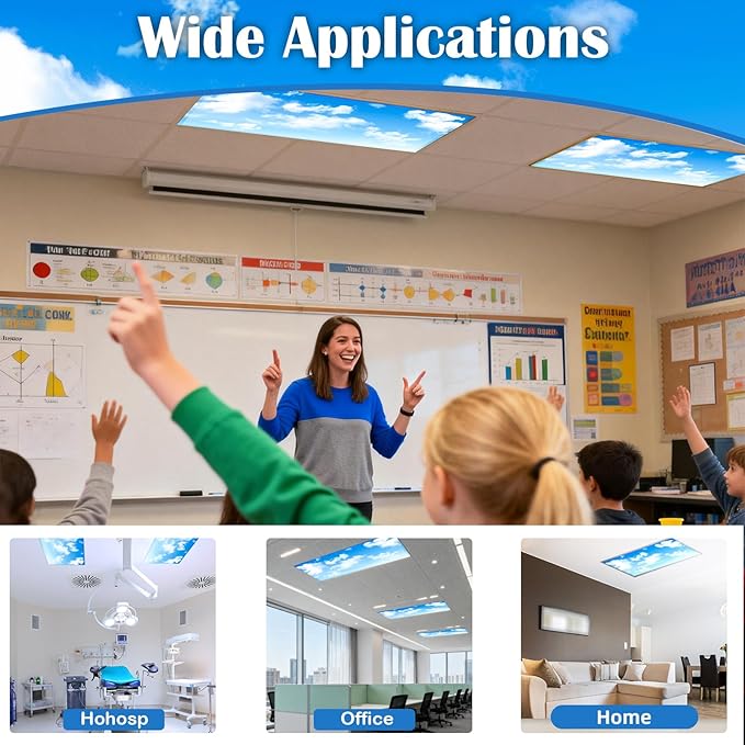 ANGSYLTH 8 Pcs Fluorescent Light Covers - 4 x 2 Feet Covers for Ceiling Lights, 8 x 10 Magnetic Light Filters for Classroom, Office, Hospitals (Blue Skies & White Clouds)