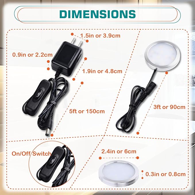 Single Under Cabinet LED Puck Light, Curio Display Case Shelf Counter Accent Lighting, 120V Electric Wired Wall Plug in, On Off Switch, Black Cords, 2 Packs, Daylight