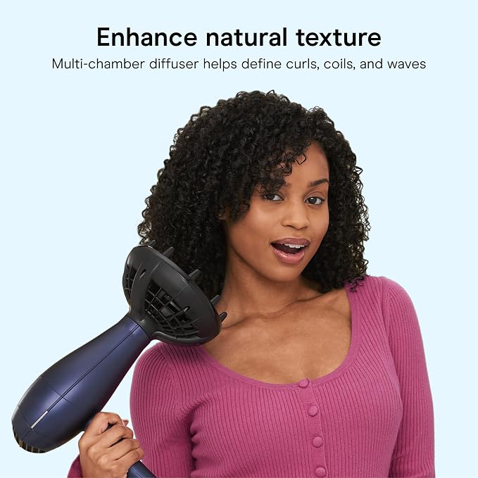 Conair Natural Texture Styling System Hair Dryer | Multi-Chamber Diffuser for Curly, Coily, and Wavy Hair, Dark Blue, 600XRL