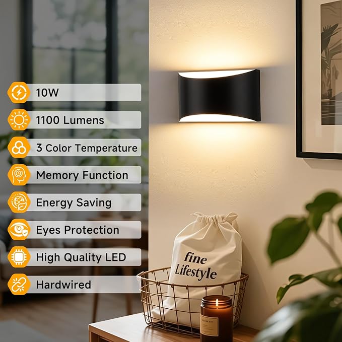 MATAMEYE Modern LED Wall Sconce Set of 2, Large Matte Black Indoor Wall Lighting Fixture with 3 Colors Temperatures, 10W Up/Down Hardwired Wall Mount Lamp for Bedroom Living Room