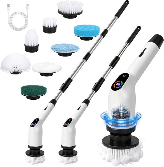Electric Spin Scrubber 2026 Upgraded Cordless Power Scrubber with 8 Replaceable Brush Heads for Shower,Toilet,Floor&Grout Cleaning,IPX7 Waterproof, 120 Min Battery,3 Speeds,Extendable Long Handle