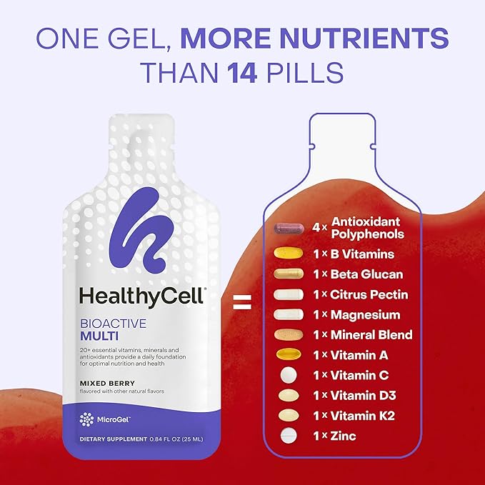 Healthycell Multivitamine liquide quotidienne bioactive pour hommes et femmes – Plus de 20 vitamines essentielles, minéraux et antioxydants pour le cerveau, le cœur, l'immunité, l'énergie, la peau et les cheveux – 30 sachets de gel