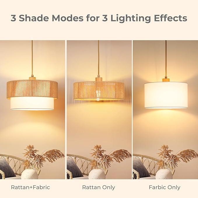 Qingmiao Boho Plug in Pendant Light, Rattan Hanging Lamp Plug in with Woven Shade, 3-Way Dimmable Hanging Light Fixture for Living Room Bedroom Kitchen Ceiling Home Decor