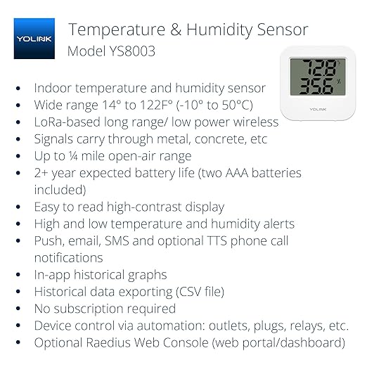 Smart Wireless Temperature Sensor/Humidity Sensor Wide Range (14 to 122 Degrees) for Fridge Monitoring Pet Cage/Tank Monitoring, Smartphone Alerts, Compatible with Alexa IFTTT - Hub Included