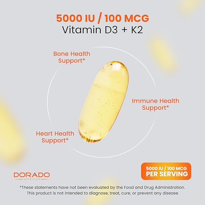 Supplément Vitamine D3 K2 (180 Gélules) Vitamine D3 K2 5000 UI/100 mcg - Supplément avec D & K - Soutient la Santé des Os et du Système Immunitaire pour Adultes - Végétalien, Sans OGM, Testé par un Tiers - Fabriqué aux États-Unis - 180 Comprimés