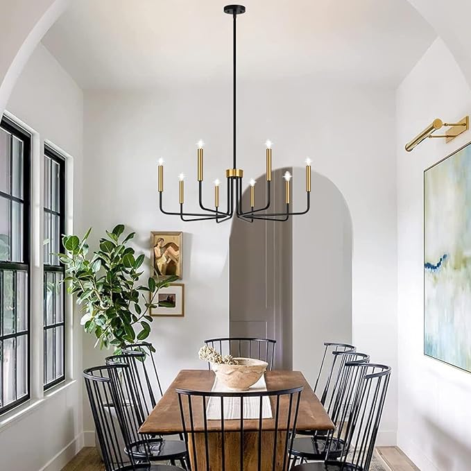 Lynnoland Black and Gold 8-Light Farmhouse Chandelier for Dining Room Lighting Fixtures Hanging, Vintage Candle Pendant Light Fixtures Chandelier for Bedroom, Foyer and Living Room