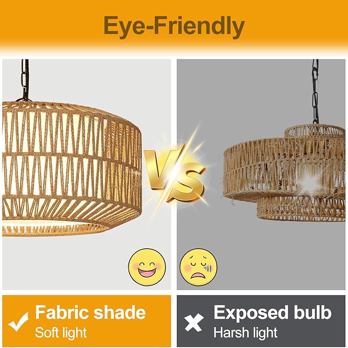 9"-52" Height Adjustable Farmhouse Chandelier Light Fixture, 5-Light Rattan Boho Chandeliers for Dining Room, Hand Woven Pendant Light with Linen Shade, Rustic Hanging Lighting for Kitchen Island