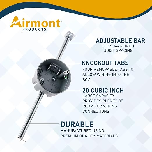 (4 Pack) Round PVC Electrical Box With Adjustable Bar, For New Work, Bar Adjusts From 16 to 24 Inches, Grey Fixture Box, 20 Cubic Inch Capacity, Supports Up To 50 lbs., For Non-Metallic Sheathed Cable