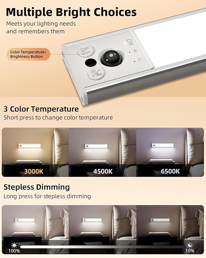 EZVALO 14.5inch Under Cabinet Lighting, Rechargeable Motion Sensor Light Indoor with 3 Color Temperatures, Dimmable & Magnetic Closet Lights, Wireless Under Counter Lights for Kitchen, Stairs (2 Pack)