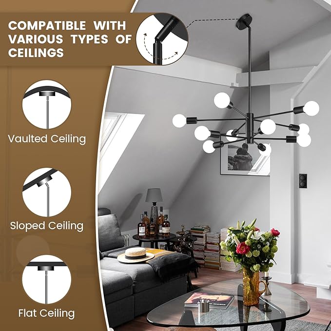 KAISITE Modern Chandelier Ceiling Light Fixture Sputnik Chandelier 10-Light Black Chandelier for Dining Room Over Table Height Adjustable Lighting Fixture Ceiling Hanging for Farmhouse Kitchen