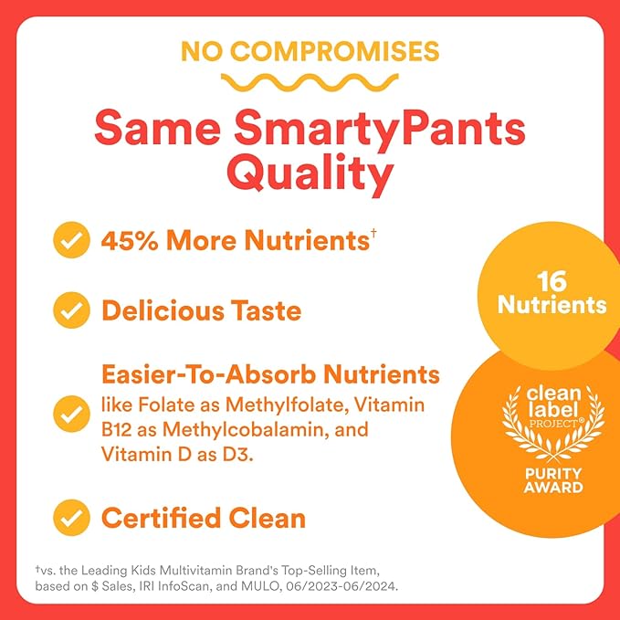 SmartyPants Kids Multivitamin Gummies - Improved Formula: Omega 3 (DHA/EPA), Vitamins D3, C, B12, B6, Vitamin A, K & Zinc, Gluten Free, Three Fruit Flavors, 80 Count (40 Day Supply)