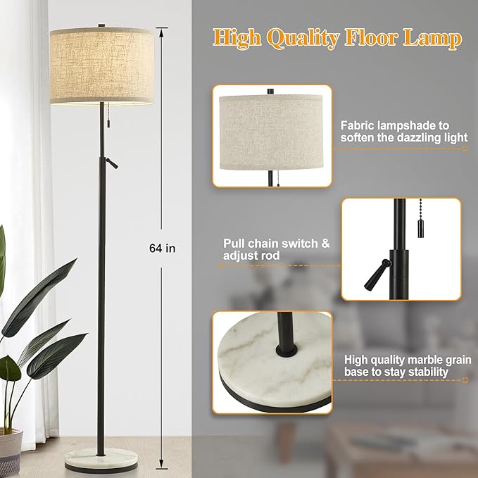 GyroVu Marble Floor Lamp, Adjustable Height Standing Lamp with Marble Base Tall Lamp with Pull Chain Switch Floor Lamps for Living Room, Bedroom & Office Bulbs Not Included(Black)