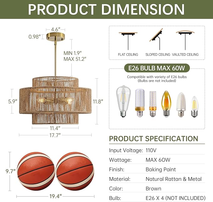 4-Light Boho Rattan Chandelier for Dining Room, 17.7” Hand Woven Farmhouse Pendant Light Fixture, Coastal Wicker Hanging Ceiling Light for Kitchen Island Living Room Bedroom Entryway Foyer
