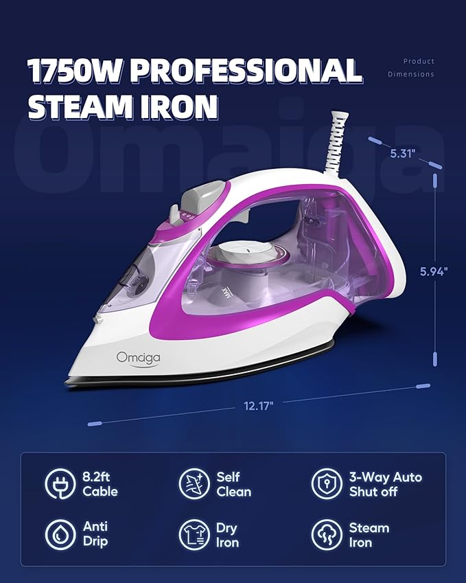Omaiga Steam Iron for Clothes, 1750W Fast Heating with Powerful Steam, 15.21oz/450ml Large Water Tank, Ceramic Soleplate, Anti-Drip, Self-Cleaning, 3-Way Auto Shut Off for Home Laundry
