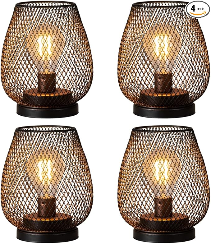 Set of 4 Battery Operated Lamp LED Table Lantern, Brown Metal Cage Cordless Lamps with LED Bulb，Vintage Decorative Outdoor Lantern for Weddings, Parties, Patio, Events for Indoors Shelf Decor