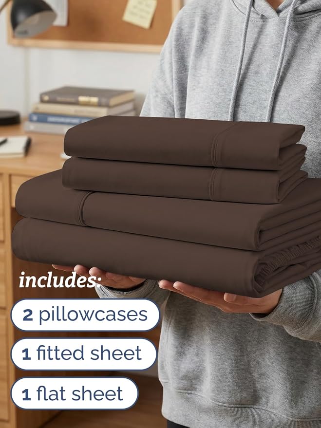 Twin XL 4 Piece Sheet Set - Comfy Breathable & Cooling - Ultra Soft Hotel Luxury Bedding Set w/ 8-16 Inch Deep Pockets - 1 Flat & 1 Fitted Sheet & 2 Pillowcases - Wrinkle Free and Easy Care - Brown