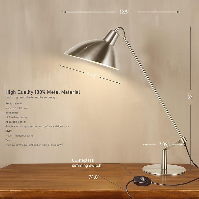 Desk Lamp Modern Industrial 100% Metal Adjustable Table Lamp 24", Natural Light (4000K) with Dimmer, Ideal for Office Bedroom Study Room Living Room Nightstand Bedside Lamps Nickel