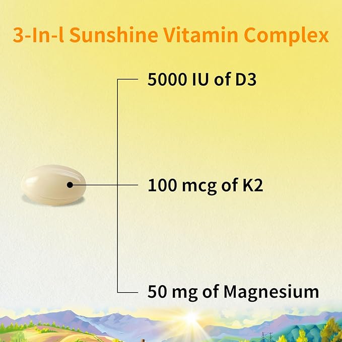 Vitamine D3 K2 5000 UI 120 Gélules avec Supplément de Magnésium - et 120mcg MK-7 K2 pour la Santé Osseuse et le Soutien Immunitaire - Gélules Non-OGM et Sans Gluten avec Huile TCM