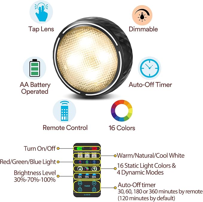 TECOMLIGHT LED Puck Lights with Remote Control, Battery Operated Wireless Closet Lights, Under Cabinet Lighting Stick on Tap Push Light, Color Changing Under Counter Light for Kitchen, 2 Pack - Black