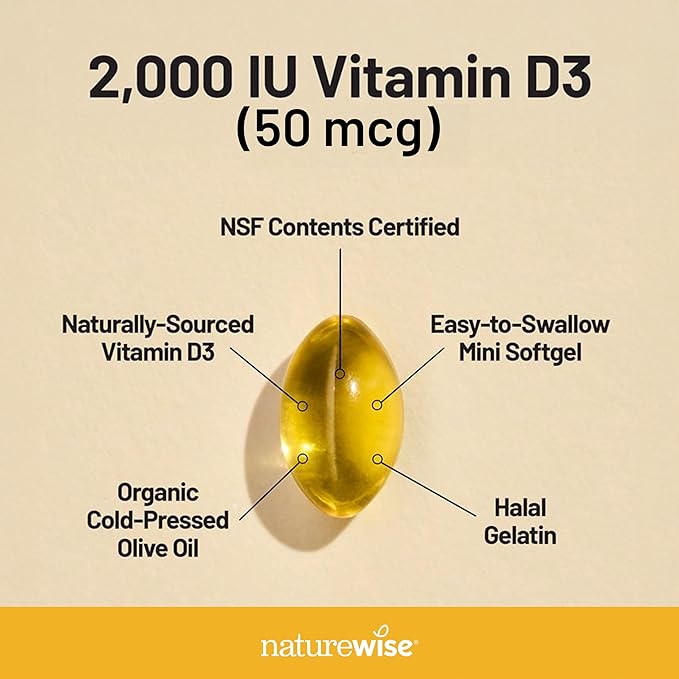 NatureWise Vitamine D3 2000 UI (50 µg) Approvisionnement de 90 jours pour le soutien immunitaire, la fonction musculaire saine et la santé des os - Sans OGM, sans gluten dans de l'huile d'olive extra vierge biologique, (mini-capsule molle), 90 unités