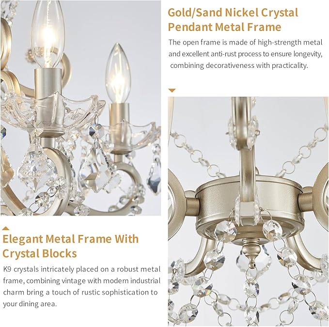 Crystal Chandelier, 5-Light Modern Chandelier for Dining Room Light Fixture, Nickel Finish Pendant Ceiling Light Fixture, Modern Candle Chandelier for Living Room Kitchen Island Entryway Bedroom