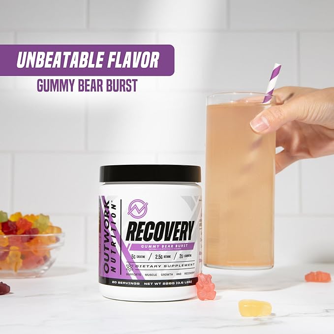 Outwork Nutrition Post Workout Recovery Powder - Creatine Monohydrate, KSM-66 Ashwagandha & Tart Cherry - Speeds Recovery, Eases Soreness - Creatine Powder for Men & Women, Gummy Bear Burst, 230 Gr