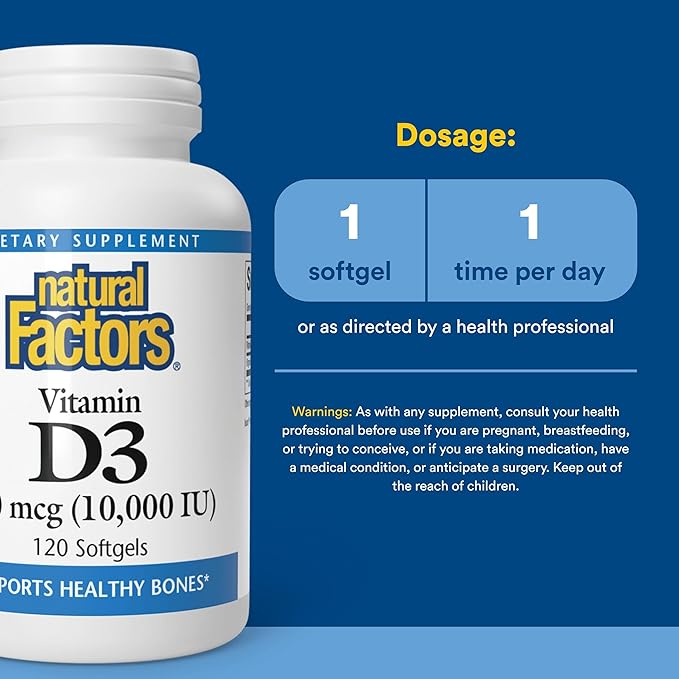 Natural Factors Vitamin D3 - Daily Supplement for Bone & Support - Vitamin D Supplement Aids Healthy Immune System Function - Supports Strong Joints & Knees - 120 Softgels (120 Servings)