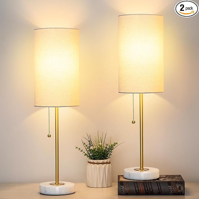 JUNNAI 18.5" Desk Lamp & Table Lamp Set of 2, Skinny Bedside Lamp with Marble Base, Pull Chain Switch, 3-Way Dimmable, Linen Fabric Shade, Small Nightstand Lamps for Living Room, Bedroom, Reading