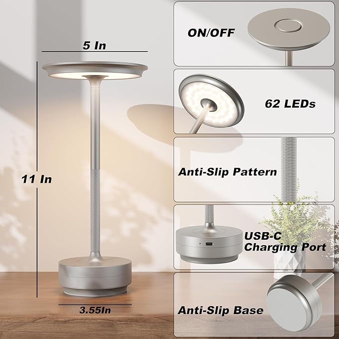 TBBGA 2 Pack Rechargeable Cordless Table Lamps, Portable 5000mAh Battery Table Light, 3 Color Stepless Dimming LED Table Light with Memory Function, for Outdoor/Dinner/Patio/Restaurant.(Silver)