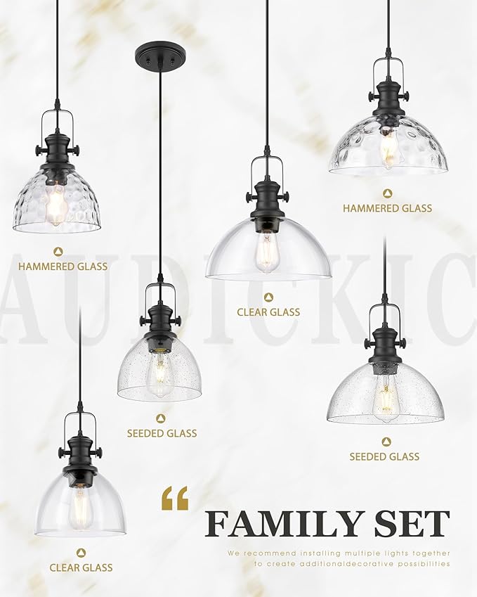 Black Pendant Lights Kitchen Island, 7.5" Farmhouse Pendant Lighting with Hammered Glass Shade, Vintage Hanging Light Fixtures for Dining Room Entryway, Adjustable Cord, AD-22151-1P-BK-H