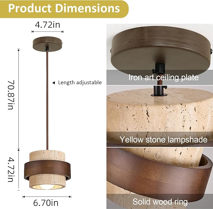Nordic Pendant Light Wabi-Sabi Lamp, Yellow Travertine Stone Hanging Light Fixture for Dining Room, Kitchen Island, Bedroom Bedside, Bar, Compatible with E26 Bulb Base