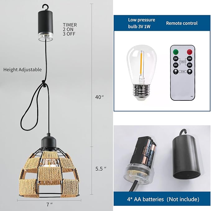 Battery Operated Chandelier with Remote & Timer, 7" Rattan Hanging Pendant Light, 4*AA Powered Cordless Outdoor Indoor Light, Dimmable Outdoor Chandeliers for Gazebo Porch Patio Bedroom Decor（2P）