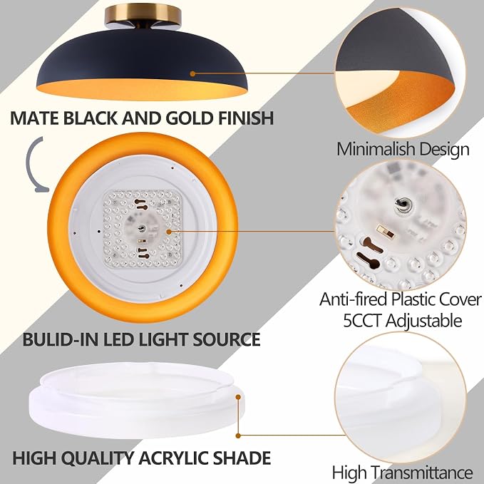 Bargeni Flush Mount Ceiling Light, Mid Century Black&Gold Fixture | 12.5" ETL-listed LED ceiling light with 5CCT dimming, ideal for bedrooms, kitchens, hallways and entryways