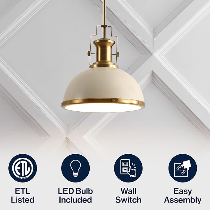 JONATHAN Y JYL9536F 13" Modern Industrial Dome Pendant Light, Farmhouse Hanging Light Fixture in Almond and Brass Gold, Adjustable Height Metal Lighting for Kitchen Island, Dining Room, Entryway