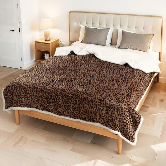 Electric Heated Blanket King Size 90"x100" - Dual-Sided with Flannel for Bedroom Couch Use, 4 Heat Settings & 10 Hours Auto Off, Machine Washable - Leopard Print