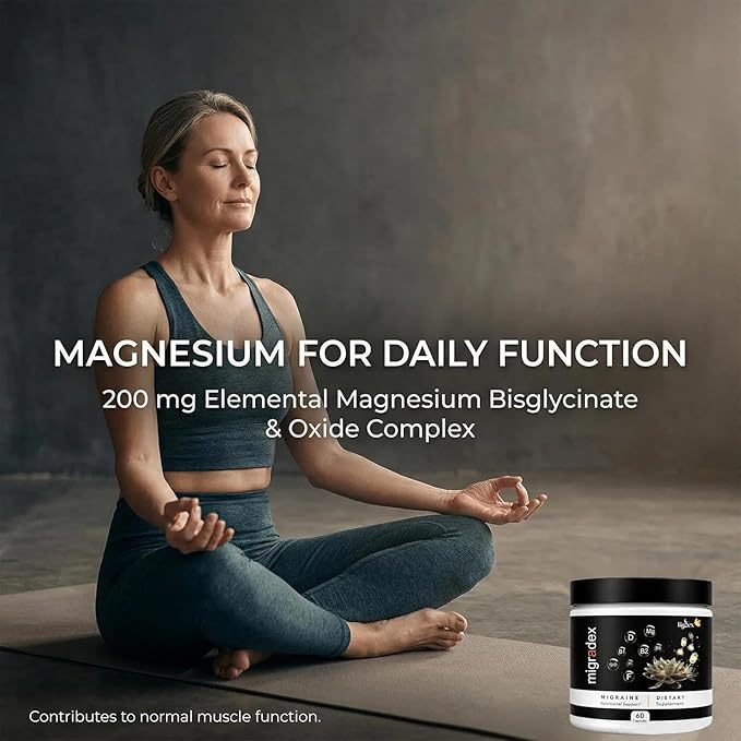 KYZEX Migradex Supplément de soutien pour les migraines – Magnésium (Bisglycinate et Oxyde) 200mg, Riboflavine (B2) 250mg, CoQ10, Vitamine D3, B6, Méthyl B12 et Folate 5-MTHF – 60 Gélules(1)