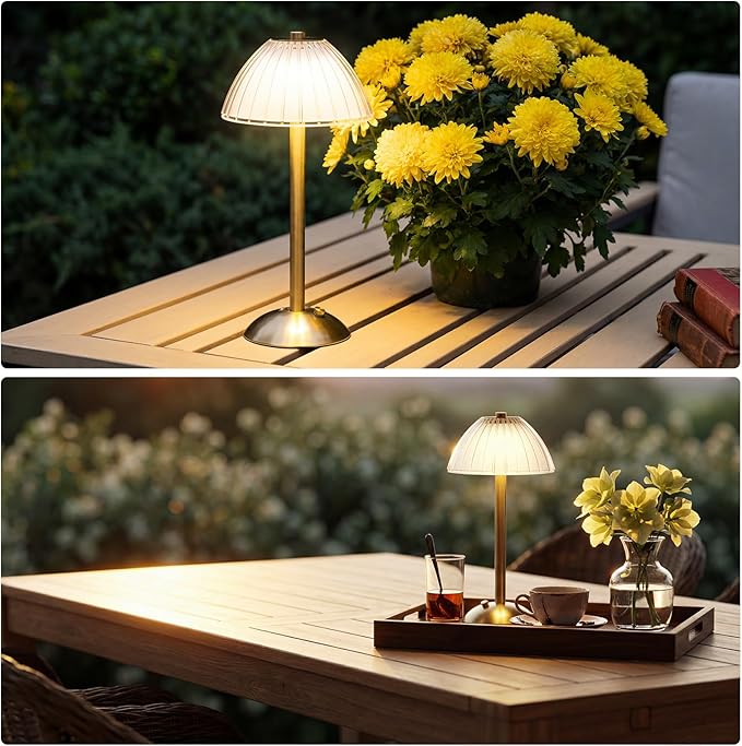 Liliful 2 Pcs Cordless Table Lamp Rechargeable Touch LED Small Gold Portable Battery Operated USB-c Desk Lamp 3 Color Dimmable for Bedroom Living Room Dining (Gold,Mushroom Style)
