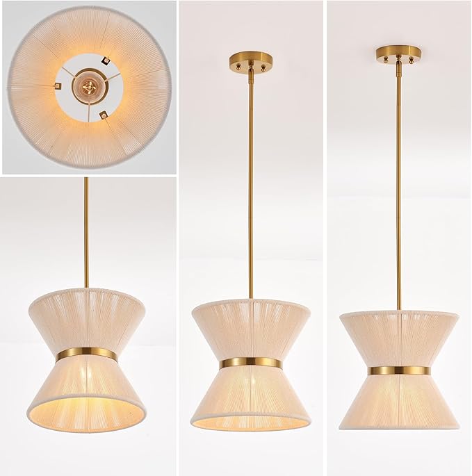 Hand Woven Boho Pendant Light Coastal Mini Modern Chandelier Adjustable Transitional Minimalist Pendant Lighting Fixtures for Kitchen Island Dining Room, White, Dia 12.2”, UL Listed