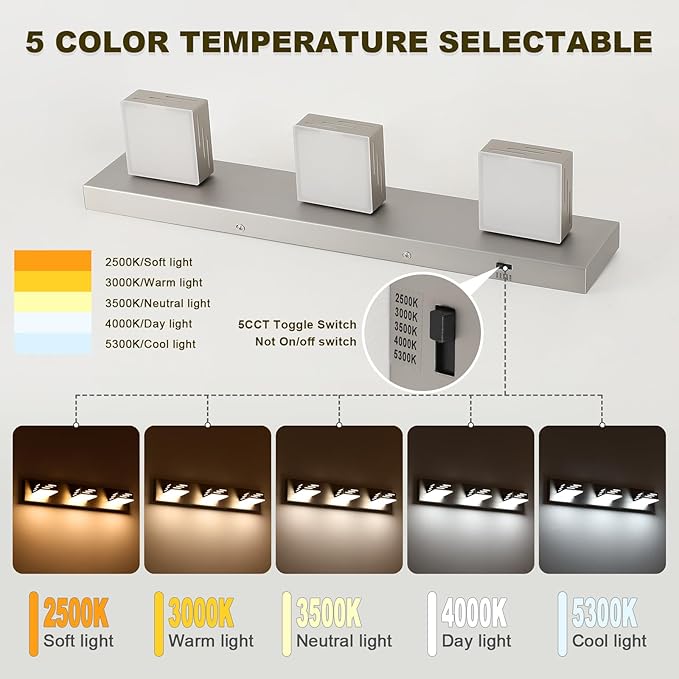 Joosenhouse 3-Light Brushed Nickel Bathroom Vanity Light, 23.6-Inch 5CCT Dimmable LED Vanity Lighting Fixture, 24W Modern Makeup Light with Adjustable Brightness