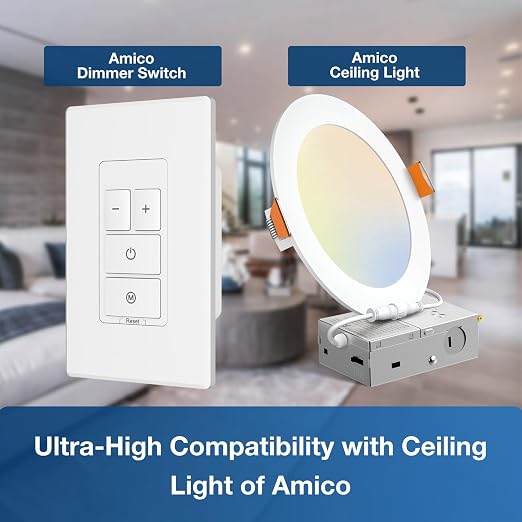 Amico Electronic Dimmer Switch, Touch Button Control, Single-Pole with LED Indicator, 150W Dimmable LED & 450W Incandescent, Includes Wall Plate, ETL Listed, 1 Pack, White