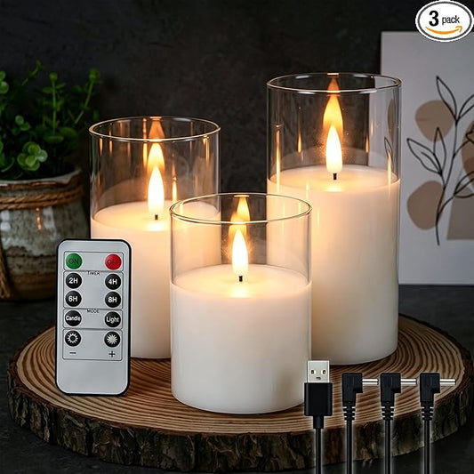 GenSwin Rechargeable Flameless Candles with Remote Timer, Clear LED Battery Operated Candles with Flickering Flame, Glass and Real Wax Pillar Candle Holiday Home Decor(Set of 3, D3”xH4”5”6”)