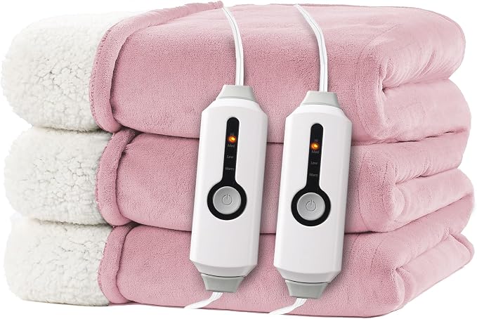 Electric Heated Blanket 84"x90" Queen Size, Dual-Sided Microplush Sherpa for Bedroom Couch Use, 4 Heat Settings & 10 Hours Auto Off Energy Saving, Dual Controller, Machine Washable - Light Pink